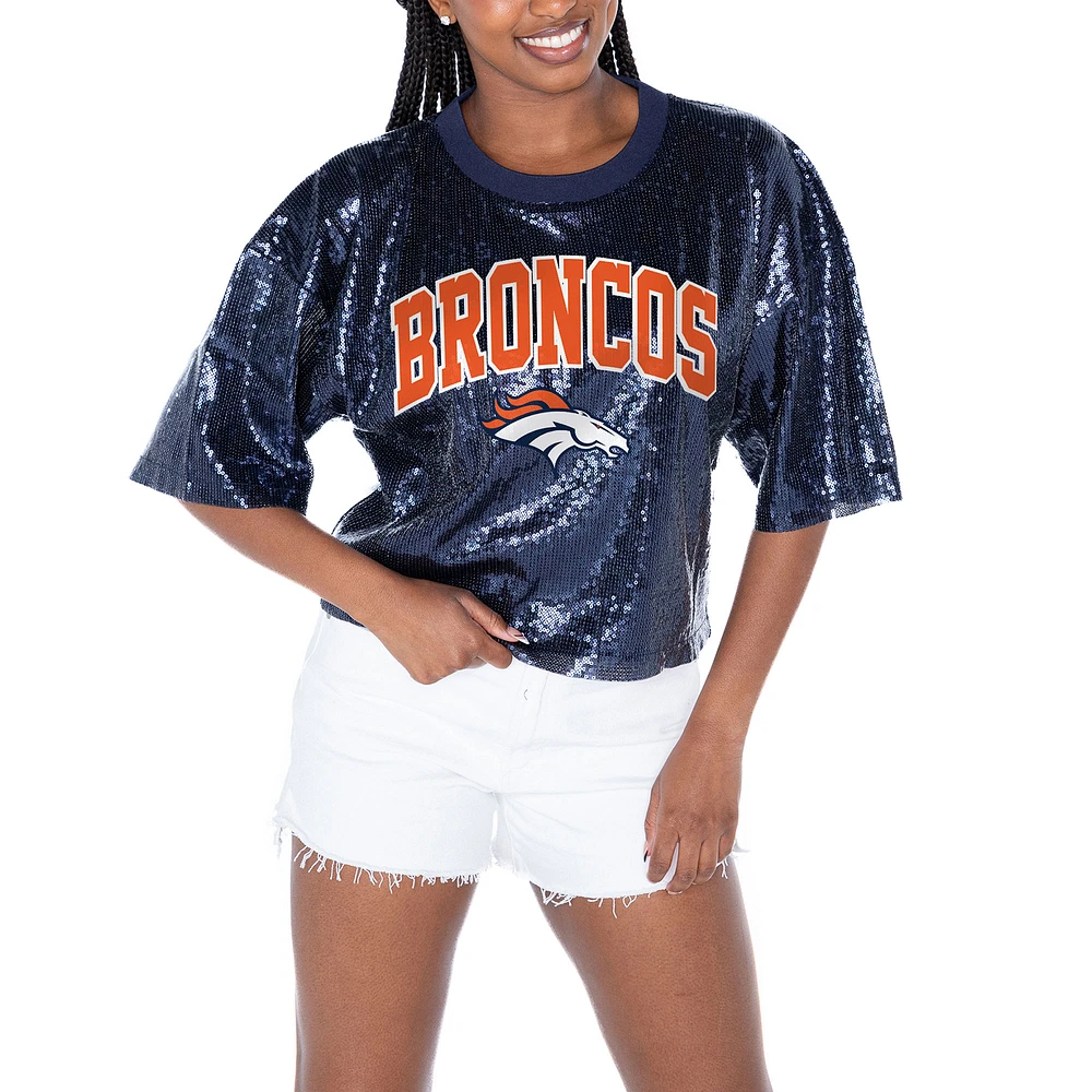 Women's Gameday Couture Navy Denver Broncos Rise Up Sequin Cropped T-Shirt