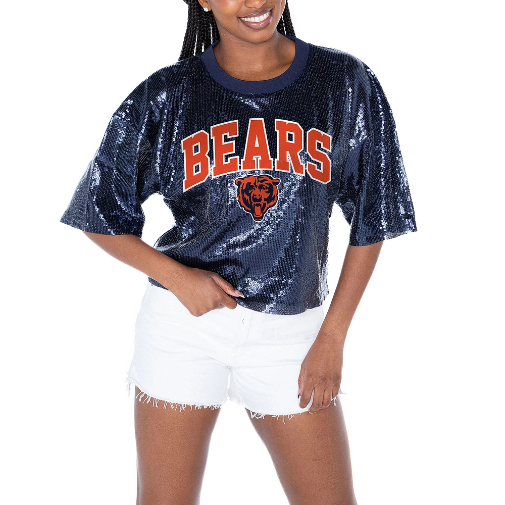 Women's Gameday Couture Navy Chicago Bears Rise Up Sequin Cropped T-Shirt