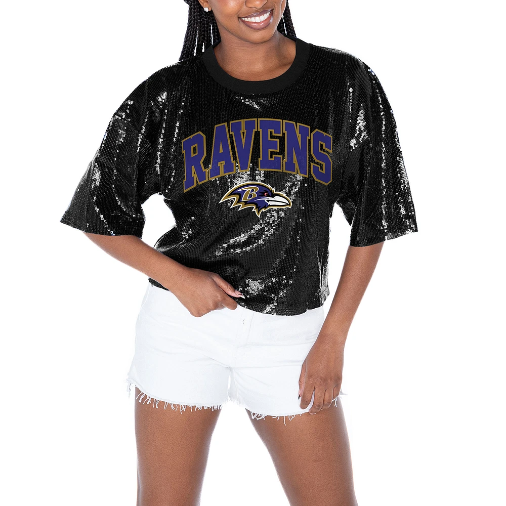 Women's Gameday Couture Black Baltimore Ravens Rise Up Sequin Cropped T-Shirt