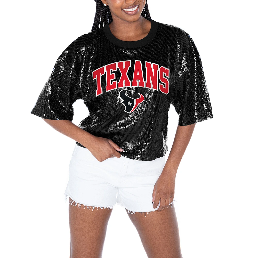 Women's Gameday Couture Black Houston Texans Rise Up Sequin Cropped T-Shirt