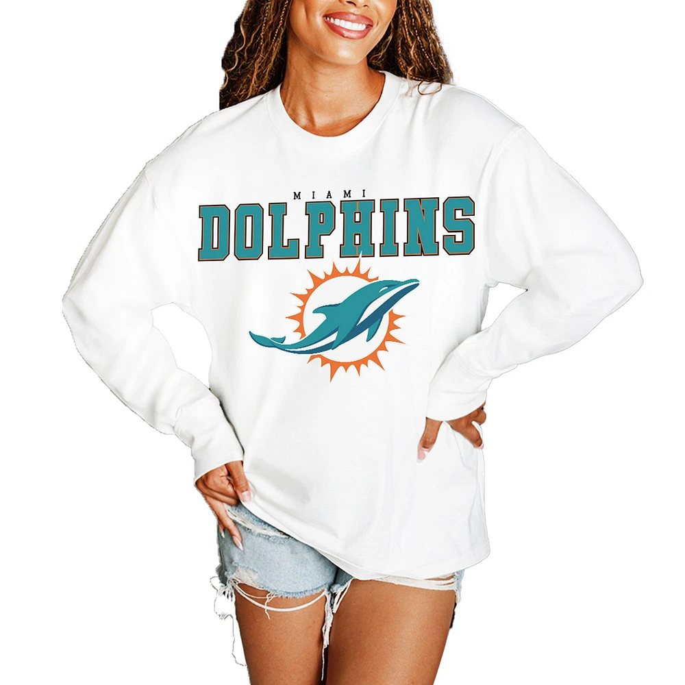 Women's Gameday Couture White Miami Dolphins Big Goals Oversized Long Sleeve T-Shirt