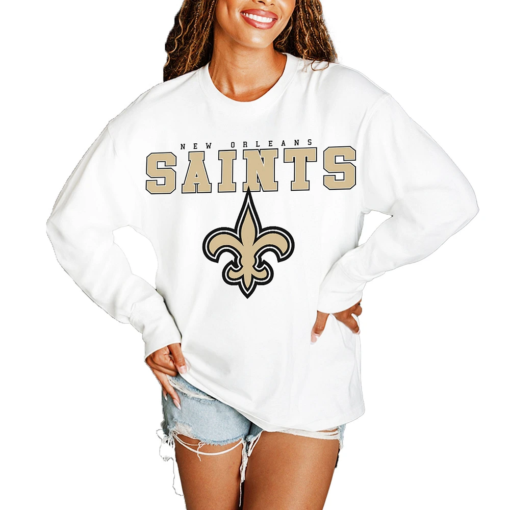 Women's Gameday Couture White New Orleans Saints Big Goals Oversized Long Sleeve T-Shirt