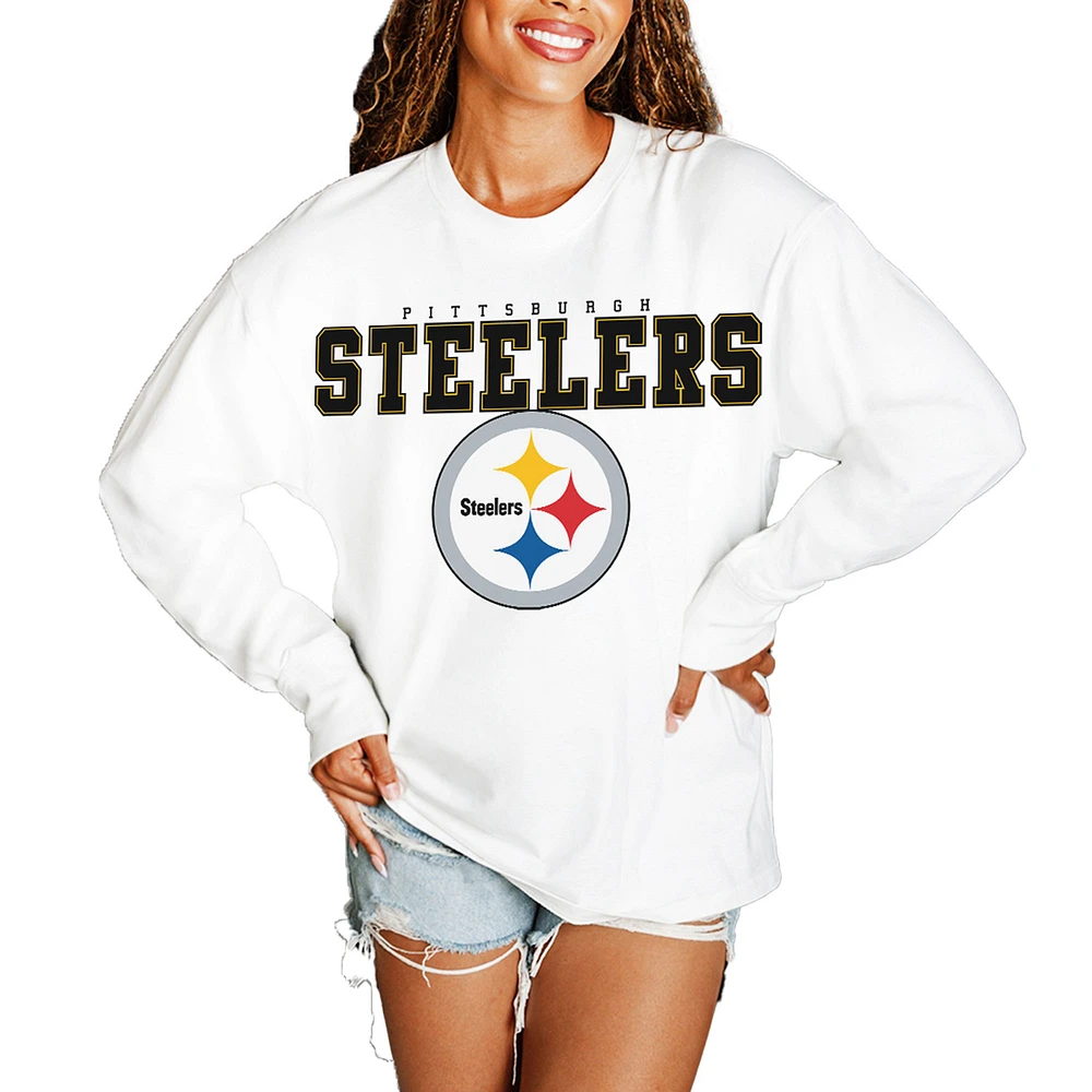 Women's Gameday Couture White Pittsburgh Steelers Big Goals Oversized Long Sleeve T-Shirt