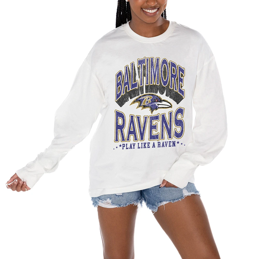 Women's Gameday Couture White Baltimore Ravens Time Out Oversized Long Sleeve T-Shirt