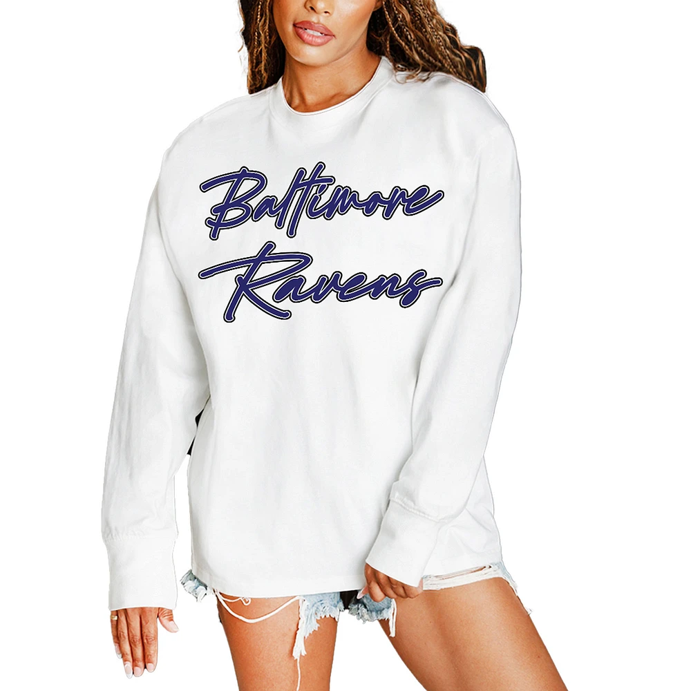 Women's Gameday Couture White Baltimore Ravens Classic Comeback Oversized Long Sleeve T-Shirt