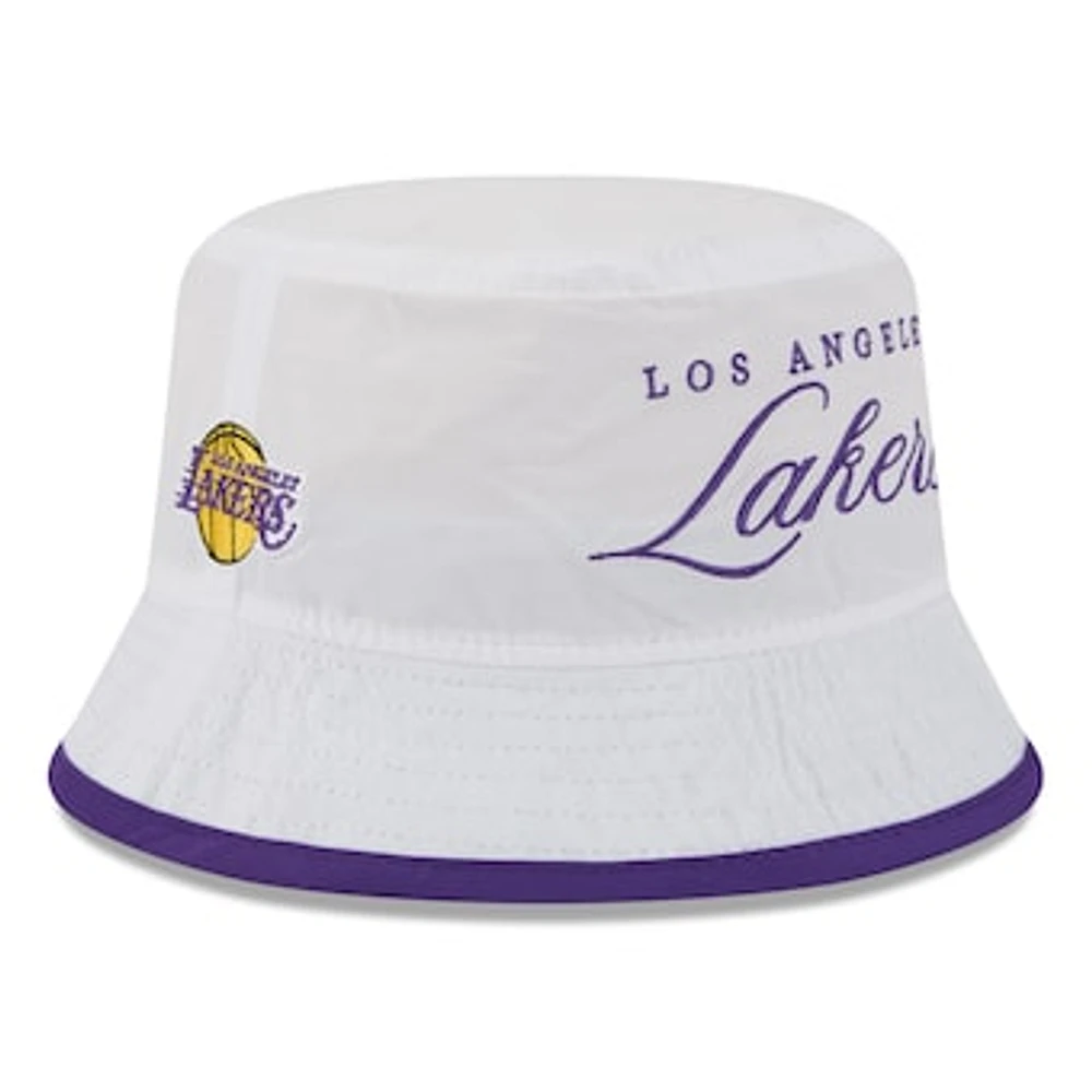 Men's New Era White/Purple Los Angeles Lakers 2025 NBA Draft Nylon Bucket Hat