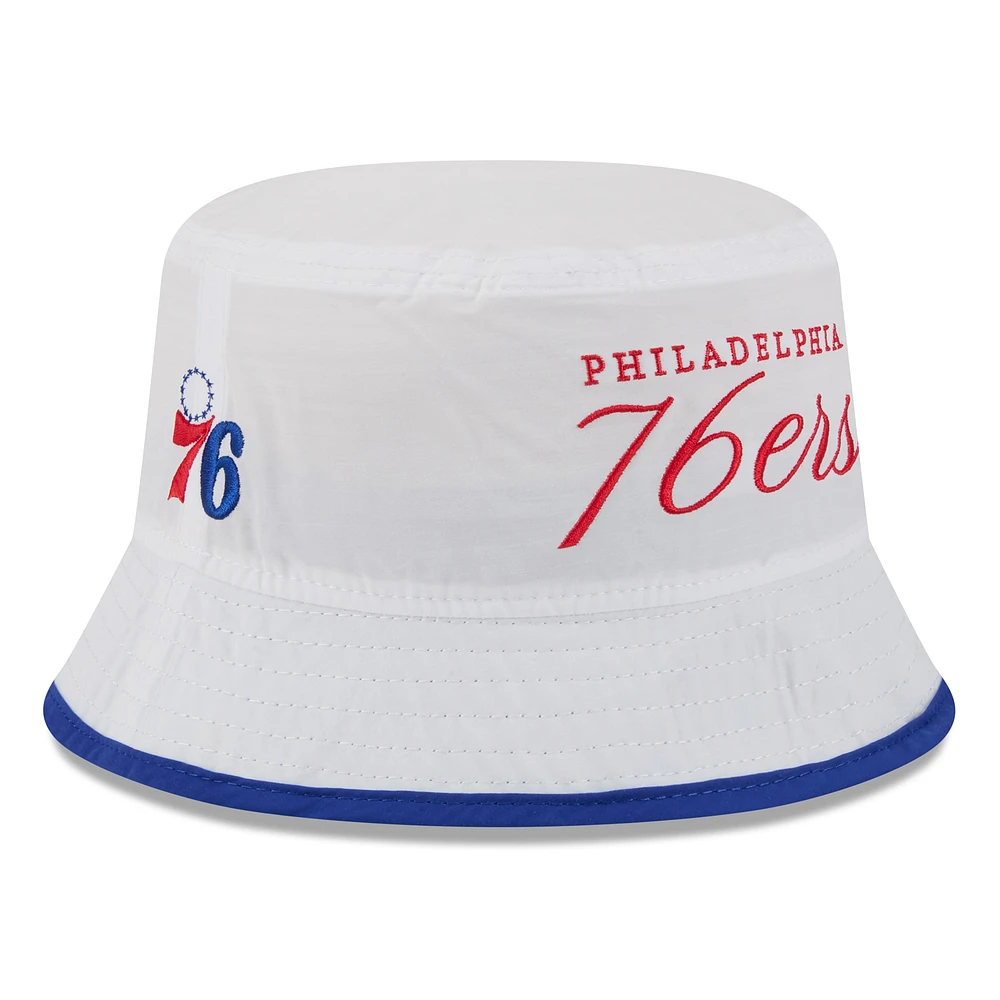 Men's New Era White/Royal Philadelphia 76ers 2025 NBA Draft Nylon Bucket Hat