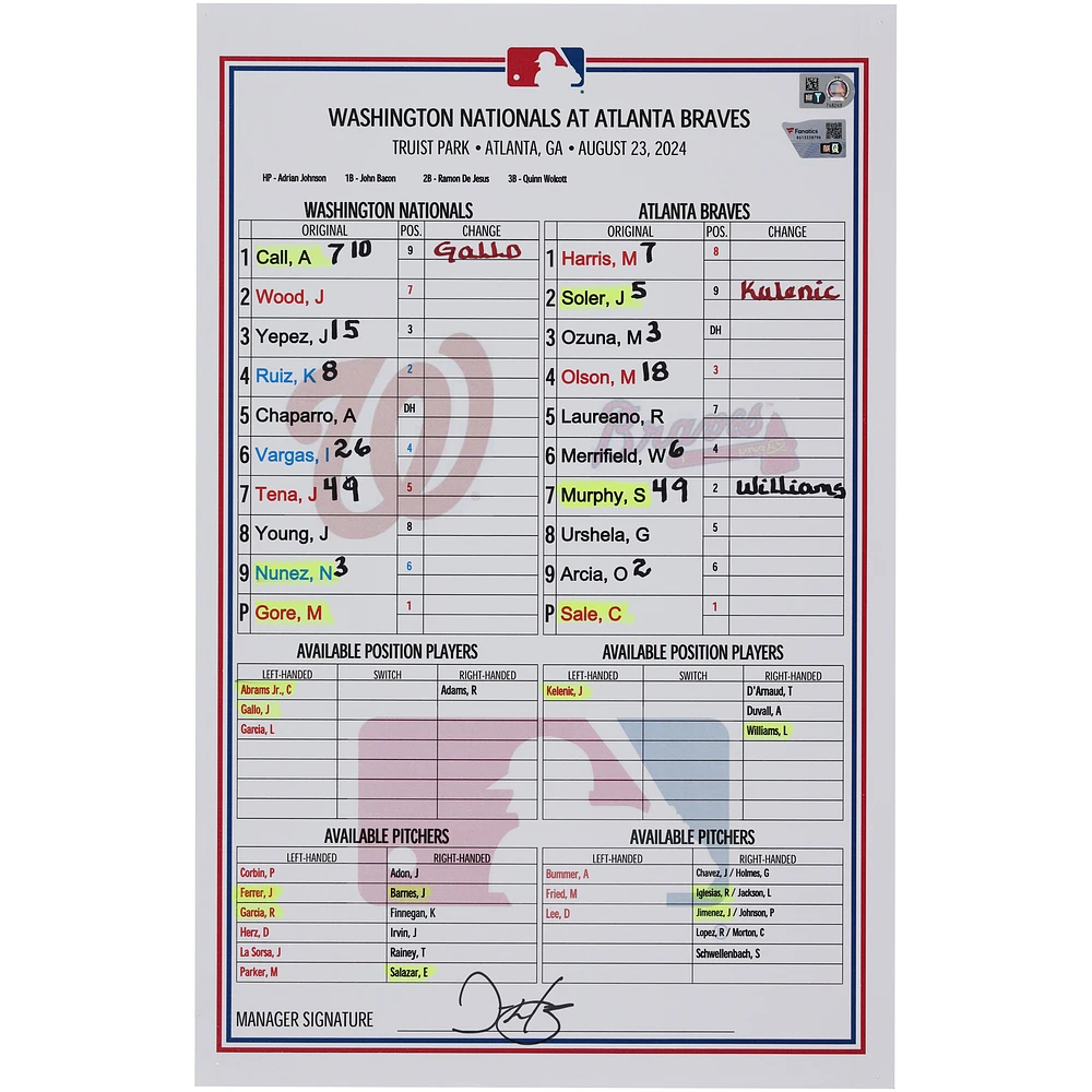 Washington Nationals Game-Used Lineup Card vs. Atlanta Braves on August 23, 2024