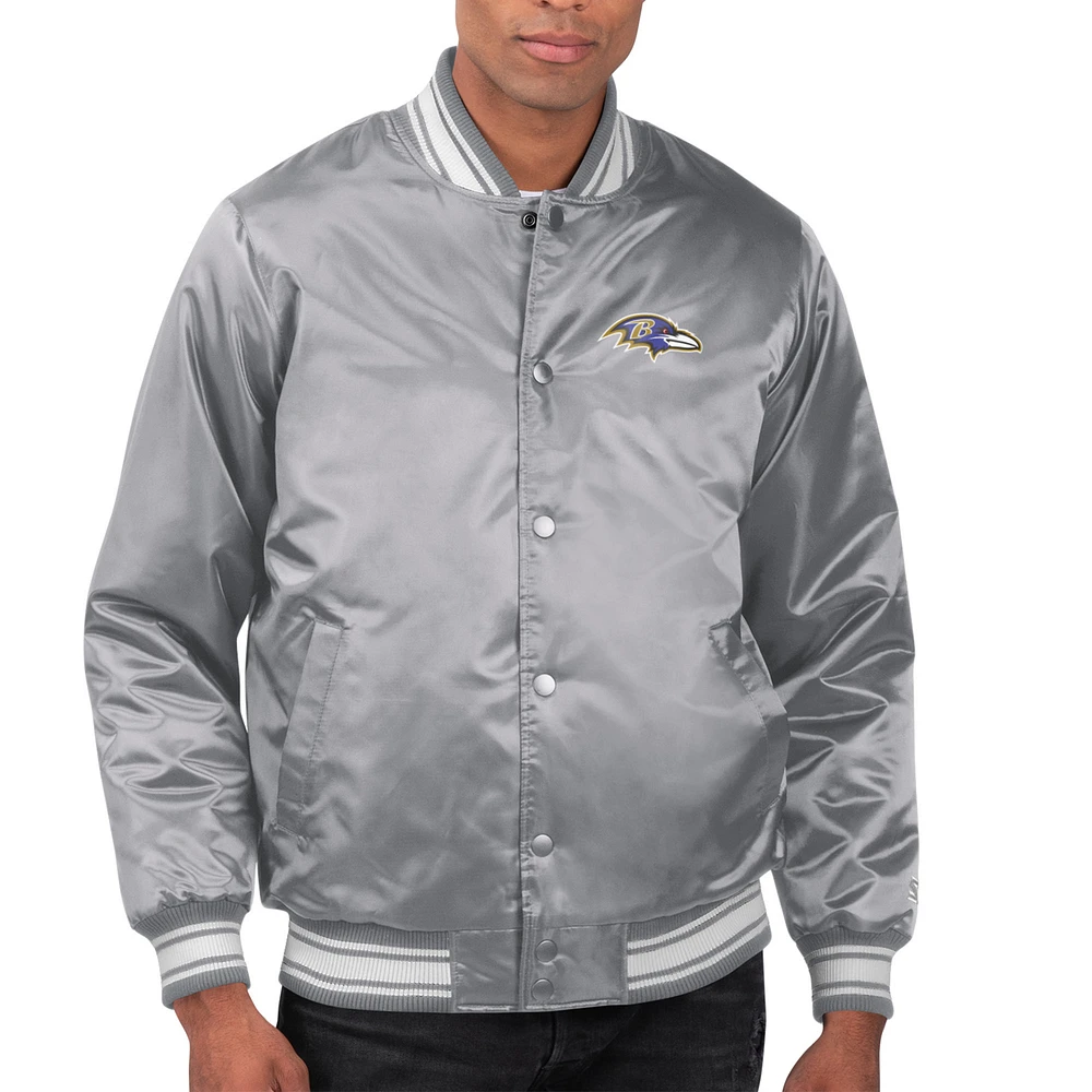 Men's Starter Gray Baltimore Ravens Printed Team Logo Satin Varsity Full-Snap Jacket