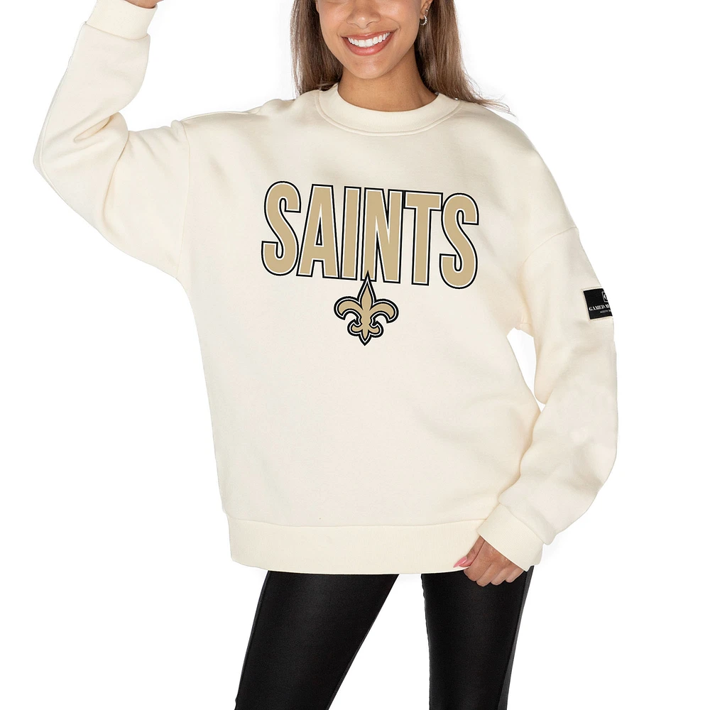 Women's Gameday Couture Cream New Orleans Saints Premium Fleece Oversized Drop Shoulder Pullover Sweatshirt