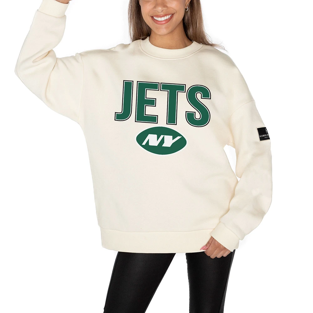 Women's Gameday Couture Cream New York Jets Premium Fleece Oversized Drop Shoulder Pullover Sweatshirt