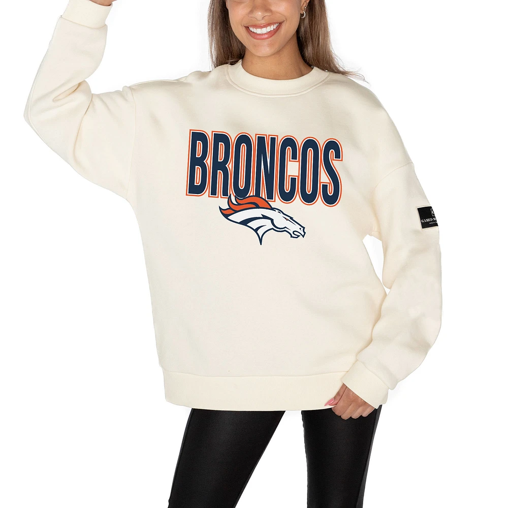 Women's Gameday Couture Cream Denver Broncos Premium Fleece Oversized Drop Shoulder Pullover Sweatshirt
