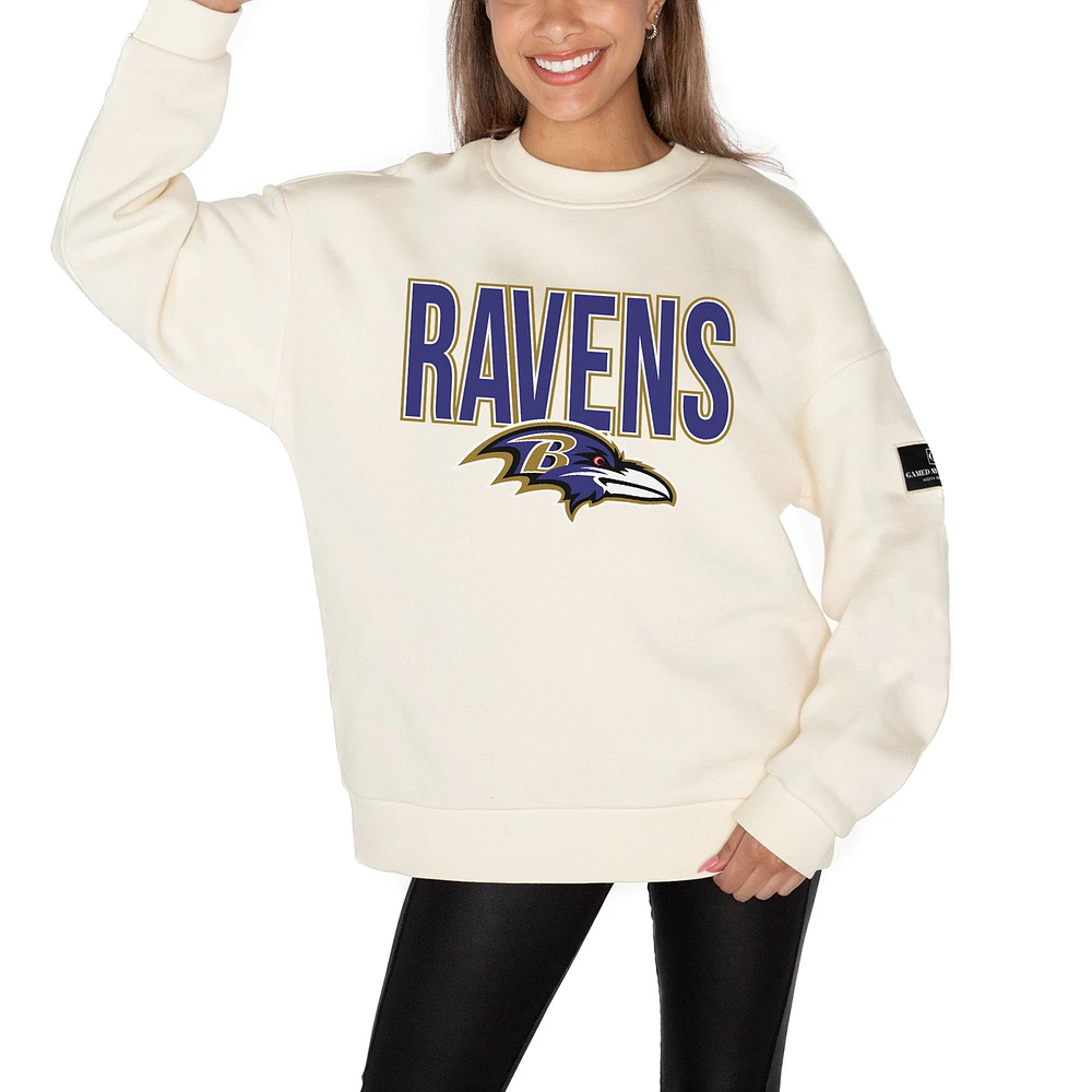 Women's Gameday Couture Cream Baltimore Ravens Premium Fleece Oversized Drop Shoulder Pullover Sweatshirt