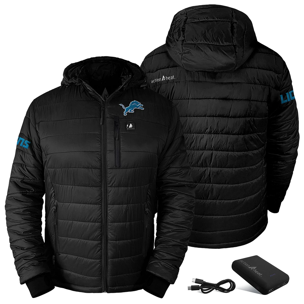 Men's ActionHeat Black Detroit Lions 5V Battery Charged Insulated Puffer Full-Zip Jacket