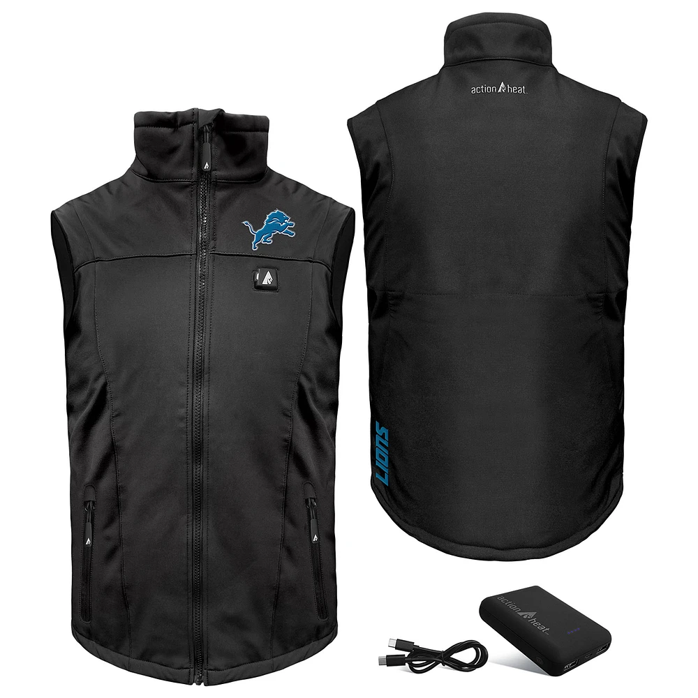 Men's ActionHeat Black Detroit Lions 5V Softshell Battery Heated Full-Zip Vest
