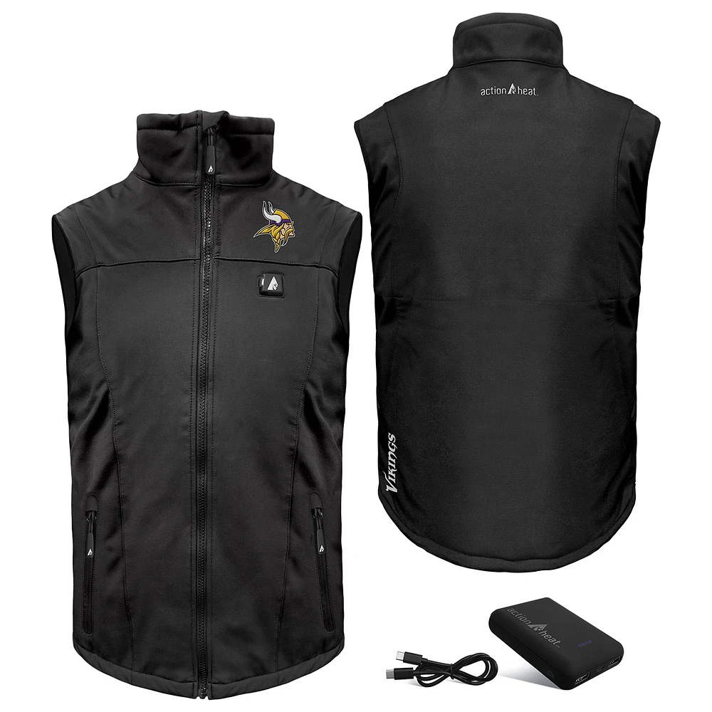 Men's ActionHeat Black Minnesota Vikings 5V Softshell Battery Heated Full-Zip Vest
