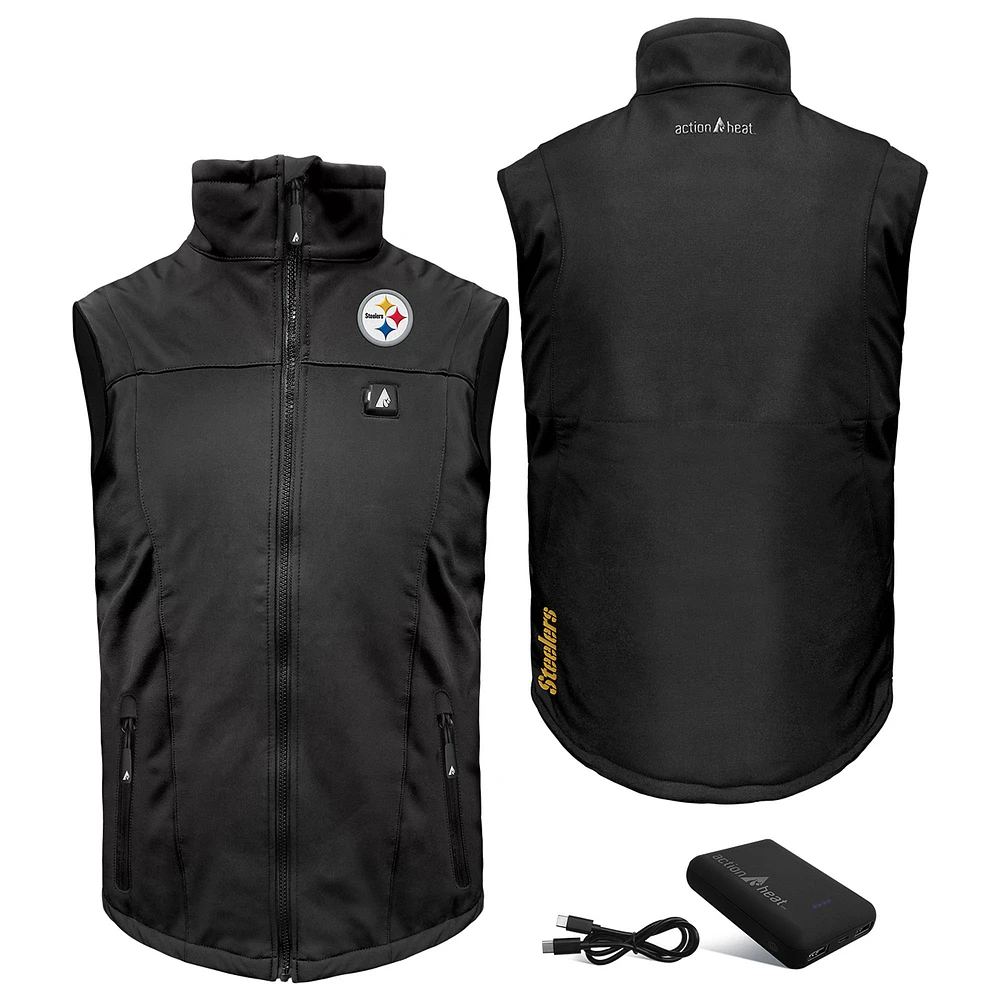 Men's ActionHeat Black Pittsburgh Steelers 5V Softshell Battery Heated Full-Zip Vest