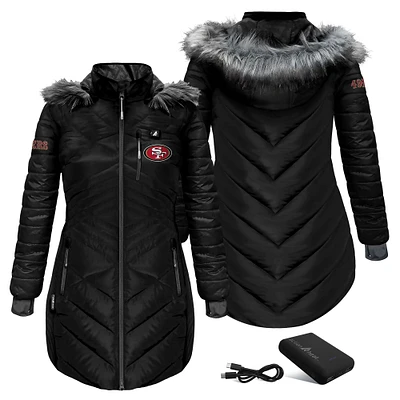 Women's ActionHeat Black San Francisco 49ers 5V Battery Heated Long Puffer Full-Zip Hoodie Jacket