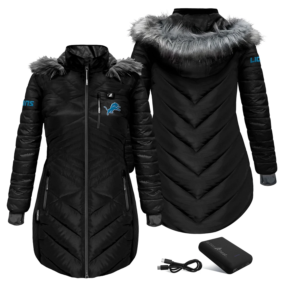 Women's ActionHeat Black Detroit Lions 5V Battery Heated Long Puffer Full-Zip Hoodie Jacket