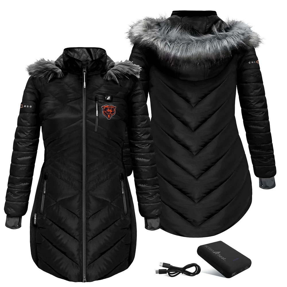 Women's ActionHeat Black Chicago Bears 5V Battery Heated Long Puffer Full-Zip Hoodie Jacket