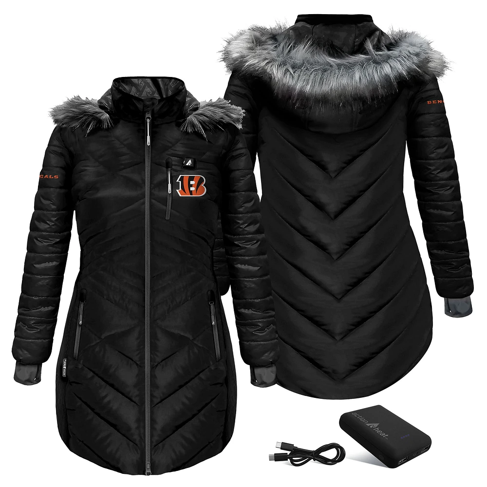 Women's ActionHeat Black Cincinnati Bengals 5V Battery Heated Long Puffer Full-Zip Hoodie Jacket