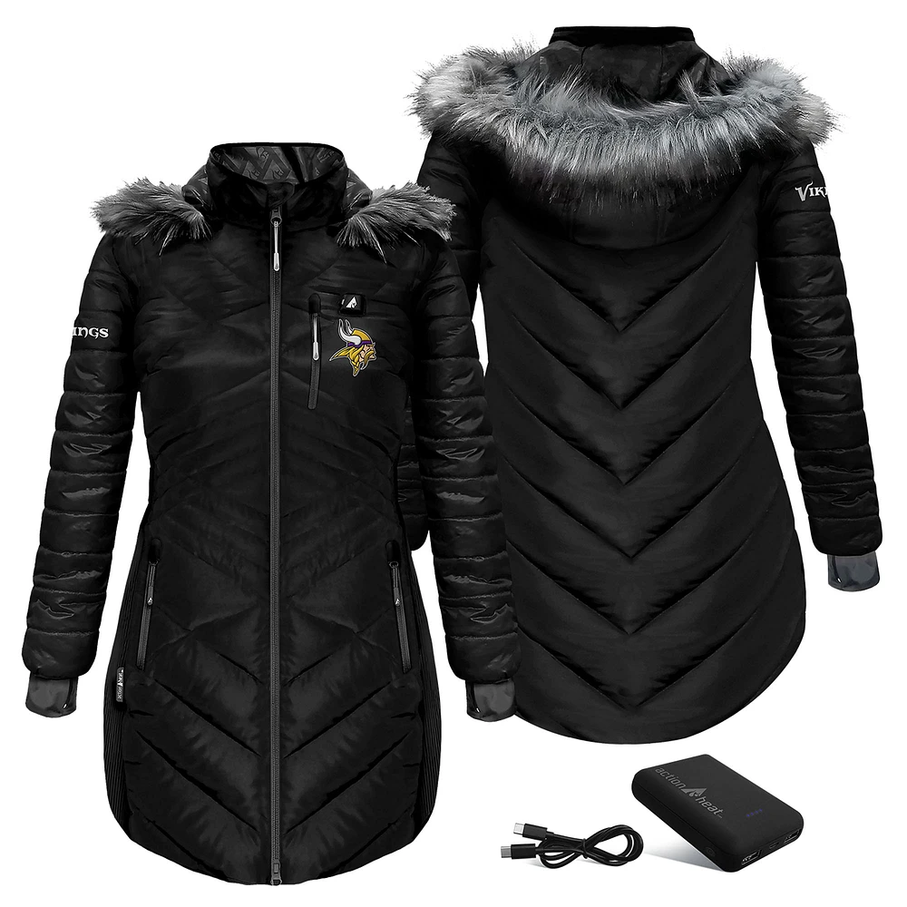 Women's ActionHeat Black Minnesota Vikings 5V Battery Heated Long Puffer Full-Zip Hoodie Jacket