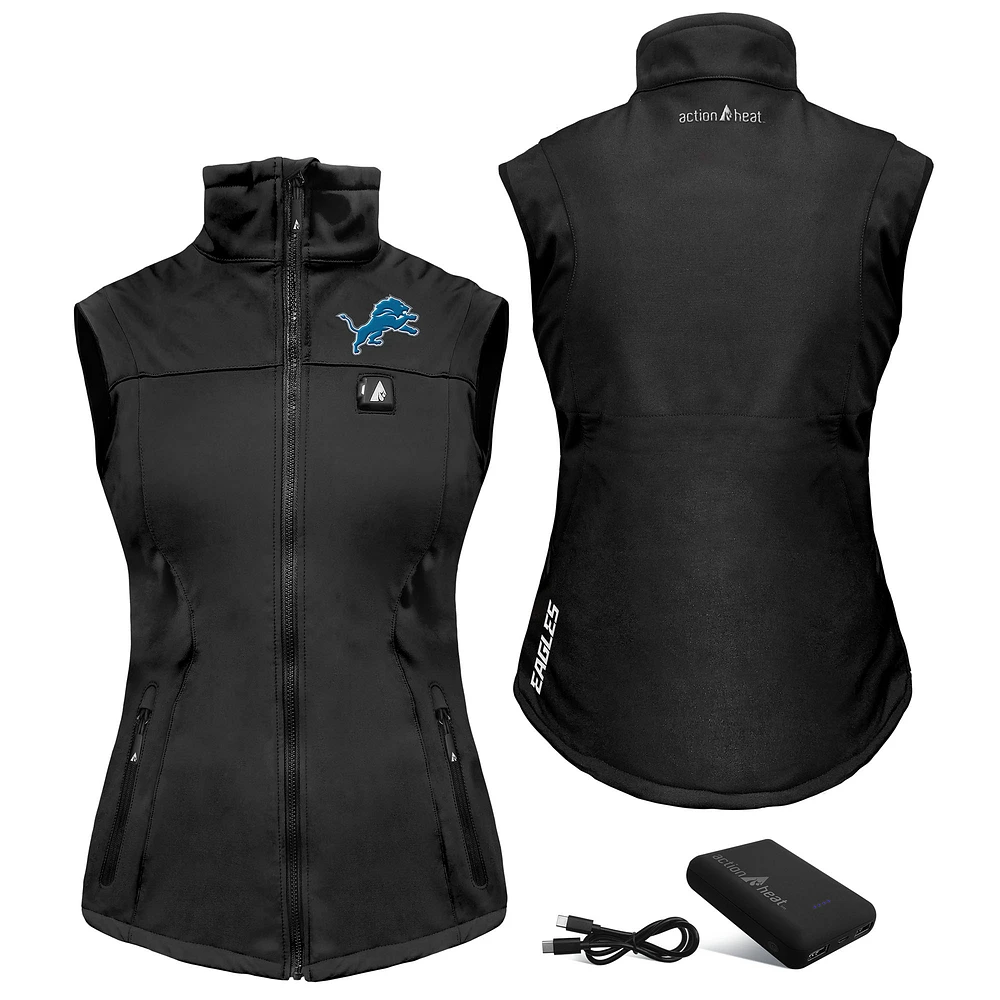 Women's ActionHeat Black Detroit Lions 5V Softshell Battery Heated Full-Zip Vest