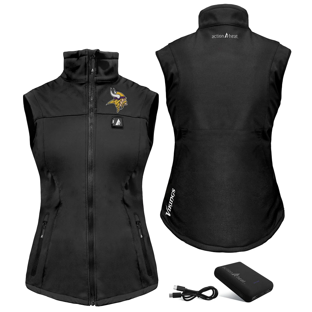 Women's ActionHeat Black Minnesota Vikings 5V Softshell Battery Heated Full-Zip Vest