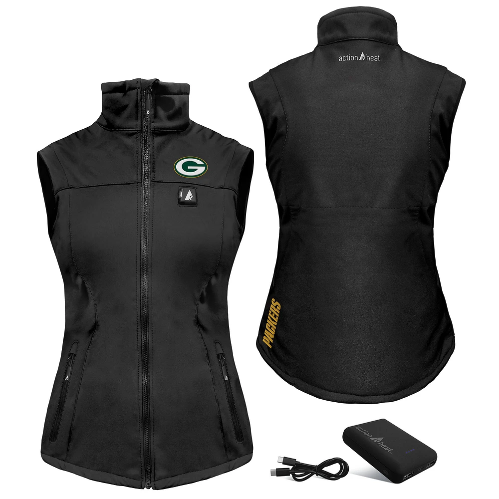Women's ActionHeat Black Green Bay Packers 5V Softshell Battery Heated Full-Zip Vest