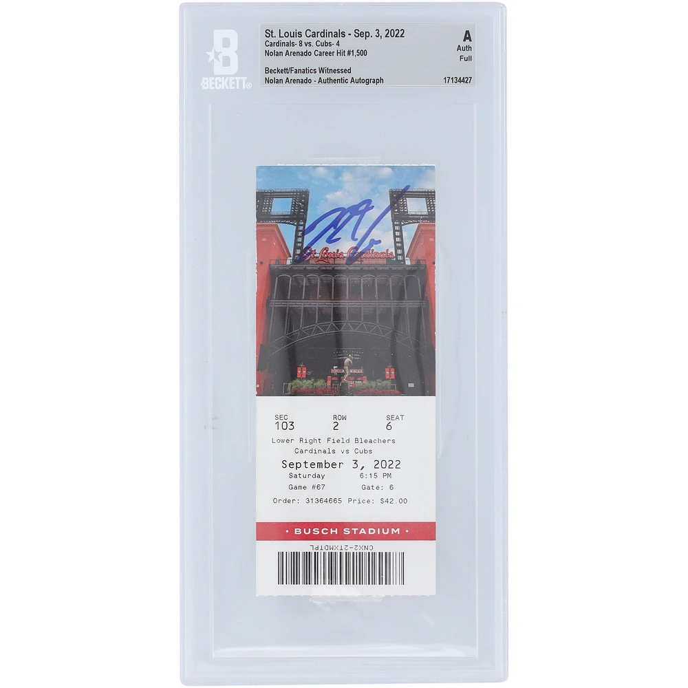 Nolan Arenado St. Louis Cardinals Autographed September 3, 2022 Career Hit #1,500 Beckett Fanatics Witnessed Authenticated Ticket