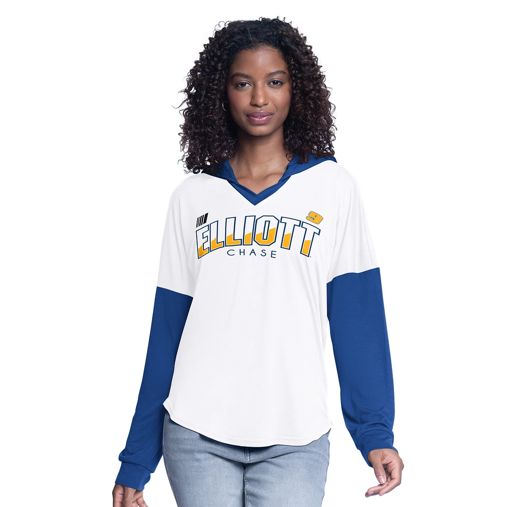 Women's G-III 4Her by Carl Banks White/Royal Chase Elliott Bench Player Oversized Long Sleeve Hoodie V-Neck T-Shirt