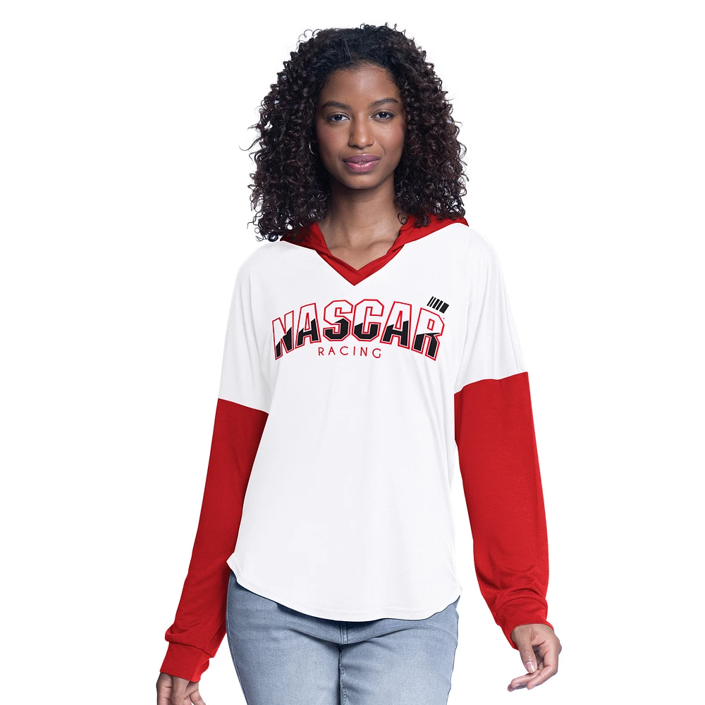 Women's G-III 4Her by Carl Banks White/Red NASCAR Bench Player Oversized Long Sleeve Hoodie V-Neck T-Shirt