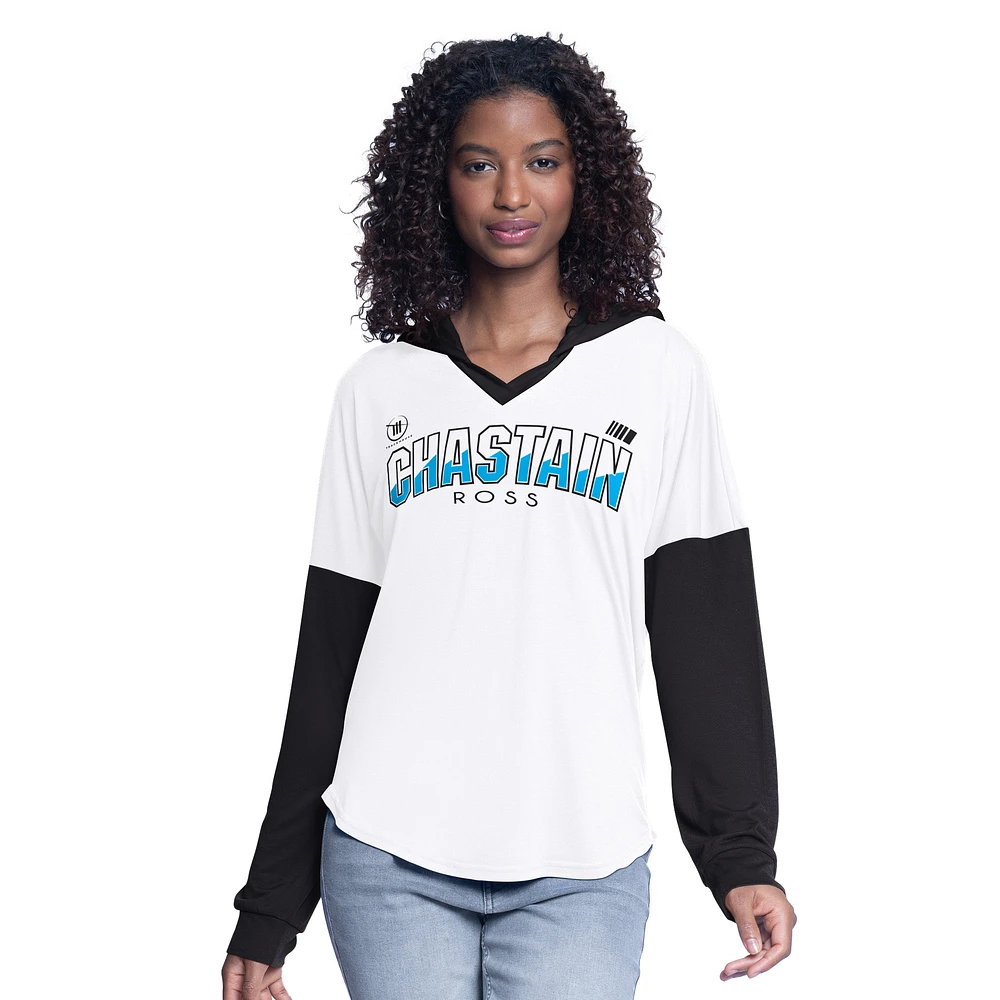 Women's G-III 4Her by Carl Banks White/Black Ross Chastain Bench Player Oversized Long Sleeve Hoodie V-Neck T-Shirt