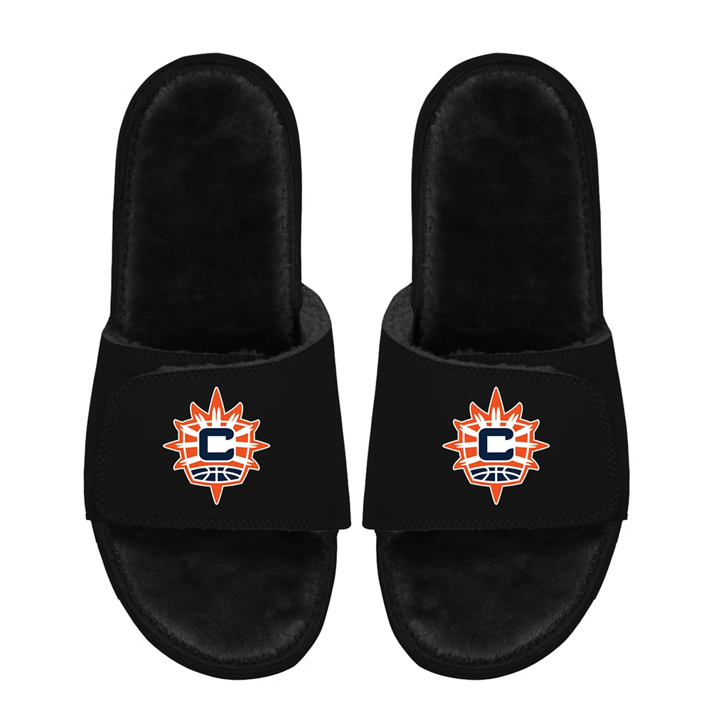 Unisex ISlide Black Connecticut Sun Logo Faux Fur Slide Sandals