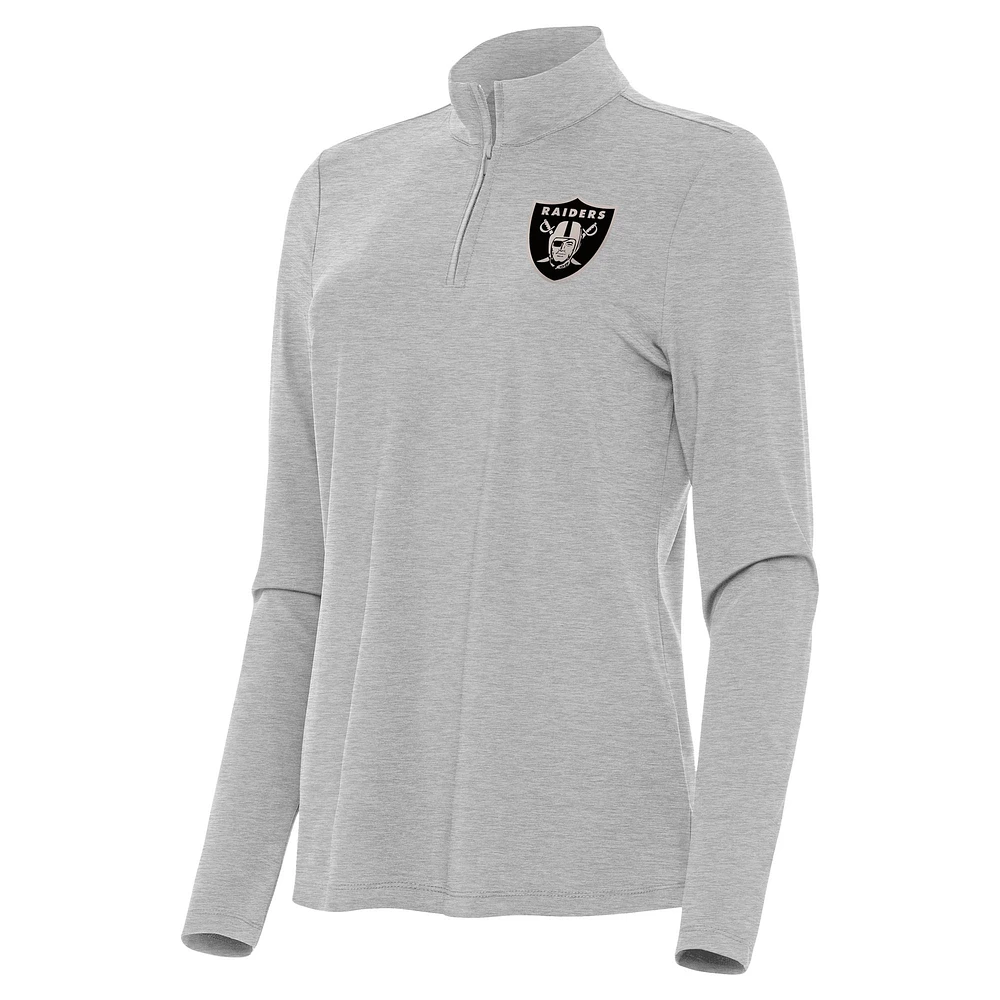 Women's Antigua Heather Gray Las Vegas Raiders Brushed Carbon Bright Quarter-Zip Pullover Top