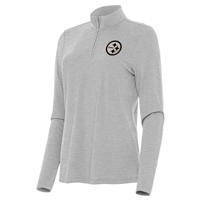 Women's Antigua Heather Gray Pittsburgh Steelers Brushed Carbon Bright Quarter-Zip Pullover Top