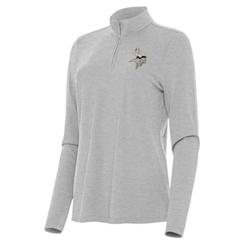 Women's Antigua Heather Gray Minnesota Vikings Brushed Carbon Bright Quarter-Zip Pullover Top