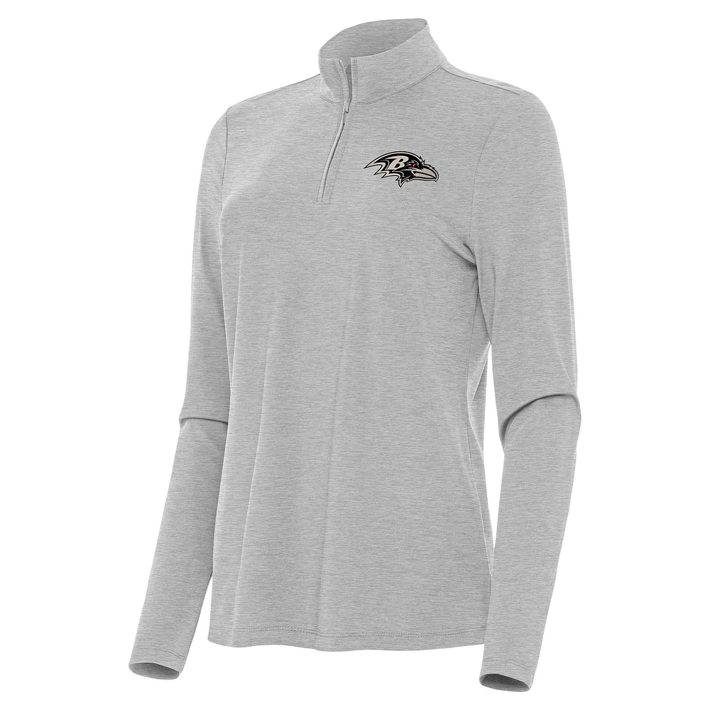 Women's Antigua Heather Gray Baltimore Ravens Brushed Carbon Bright Quarter-Zip Pullover Top