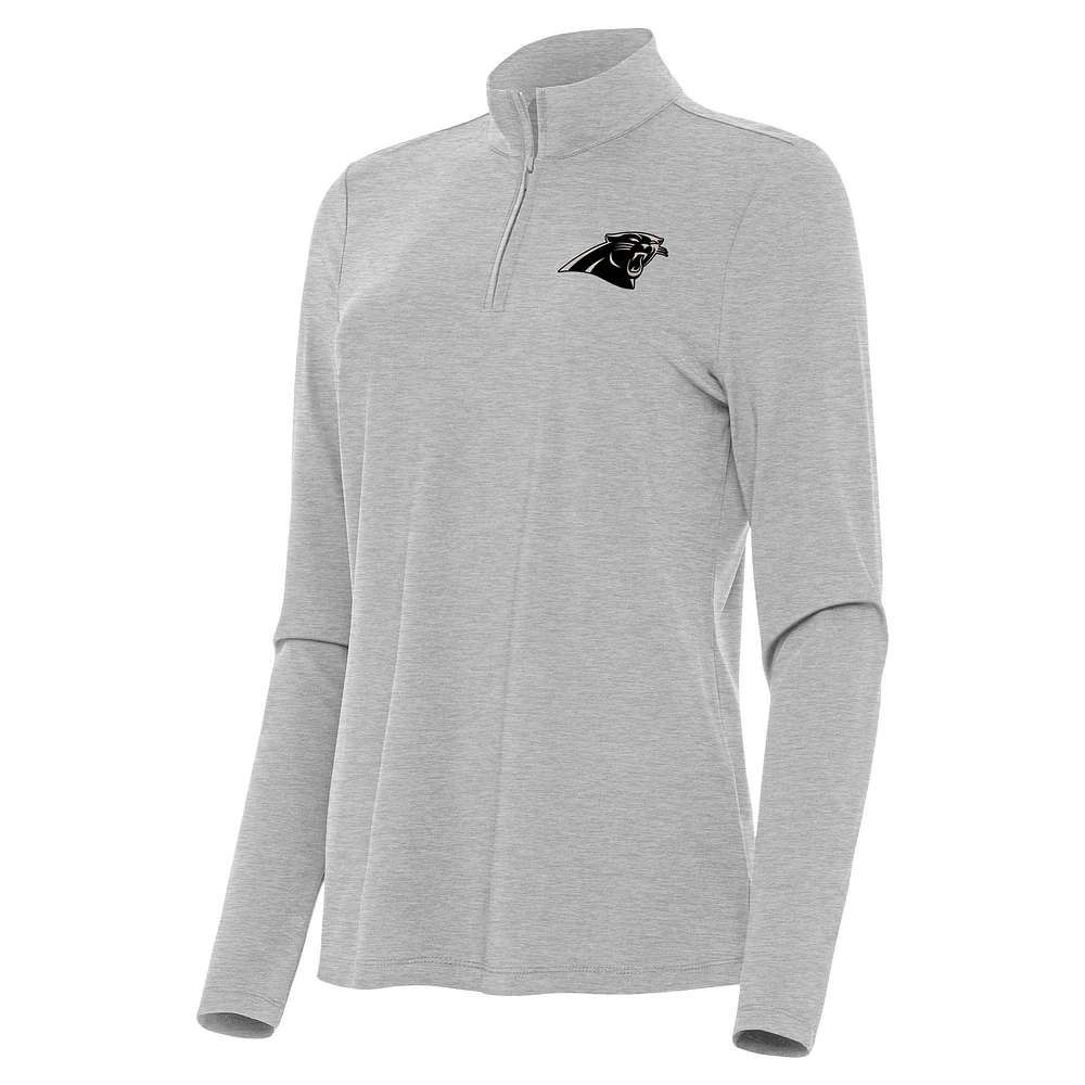 Women's Antigua Heather Gray Carolina Panthers Brushed Carbon Bright Quarter-Zip Pullover Top