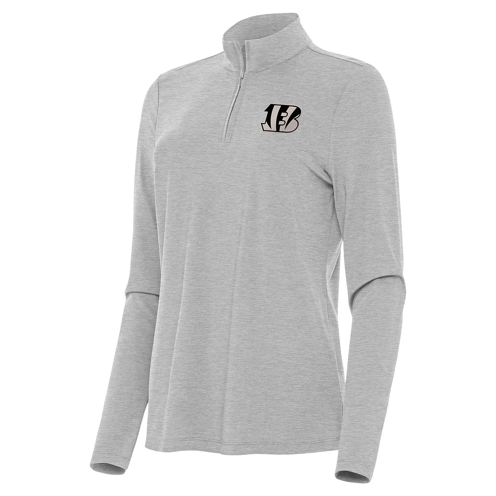 Women's Antigua Heather Gray Cincinnati Bengals Brushed Carbon Bright Quarter-Zip Pullover Top