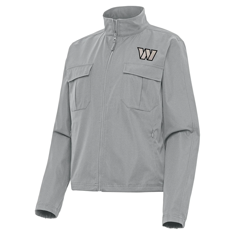 Women's Antigua Gray Washington Commanders Brushed Carbon Even Par Full-Zip Jacket