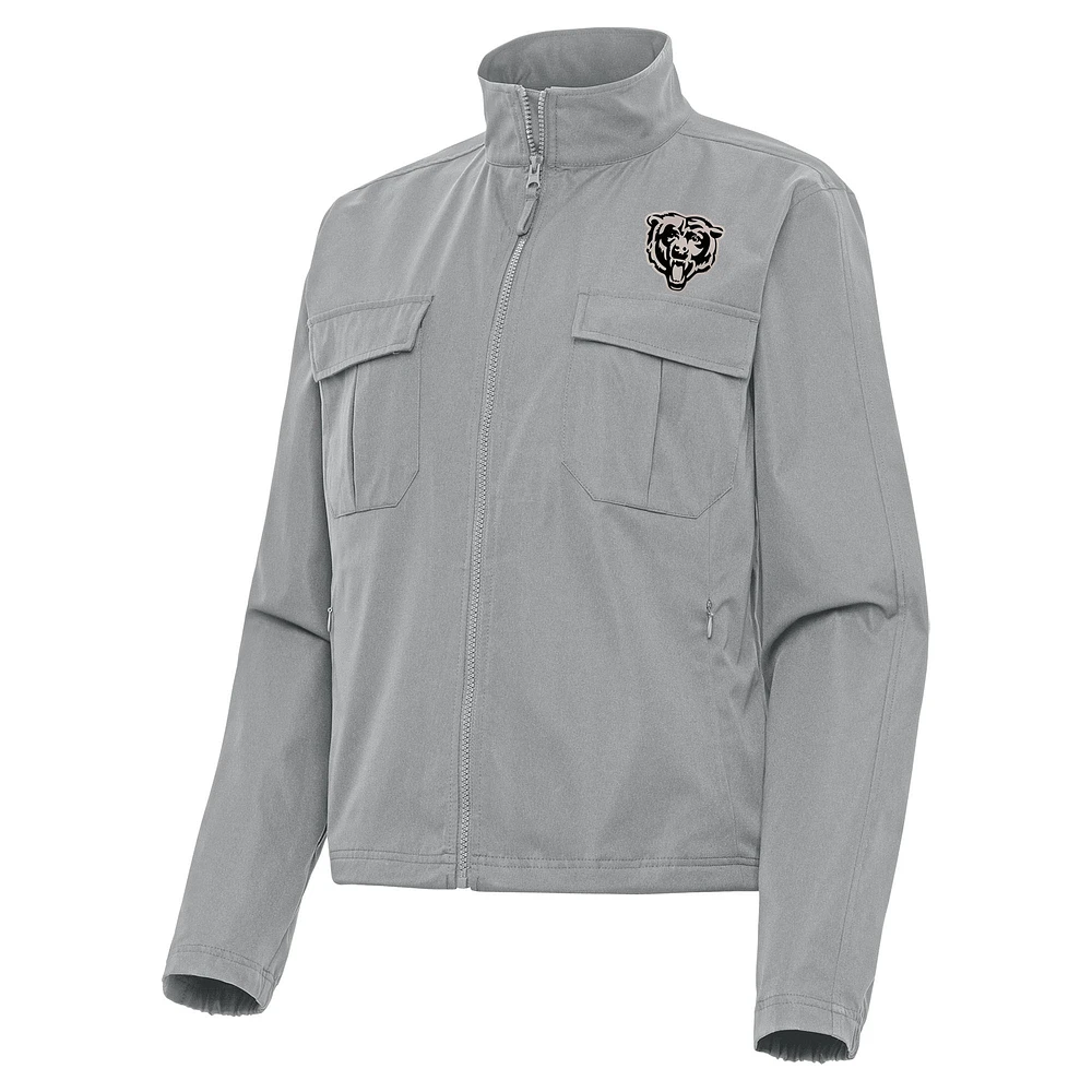 Women's Antigua Gray Chicago Bears Brushed Carbon Even Par Full-Zip Jacket