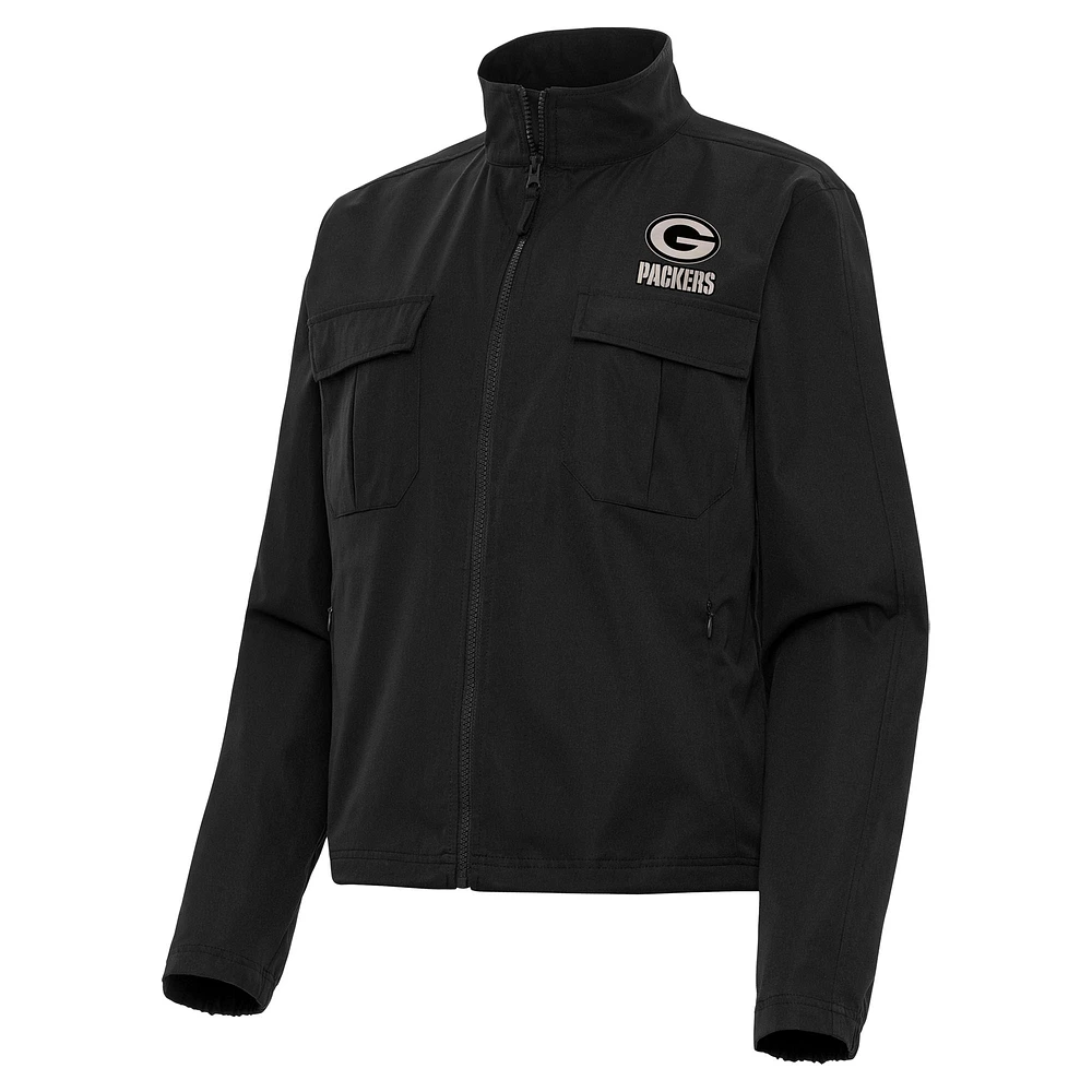 Women's Antigua Green Bay Packers Brushed Carbon Even Par Full-Zip Jacket