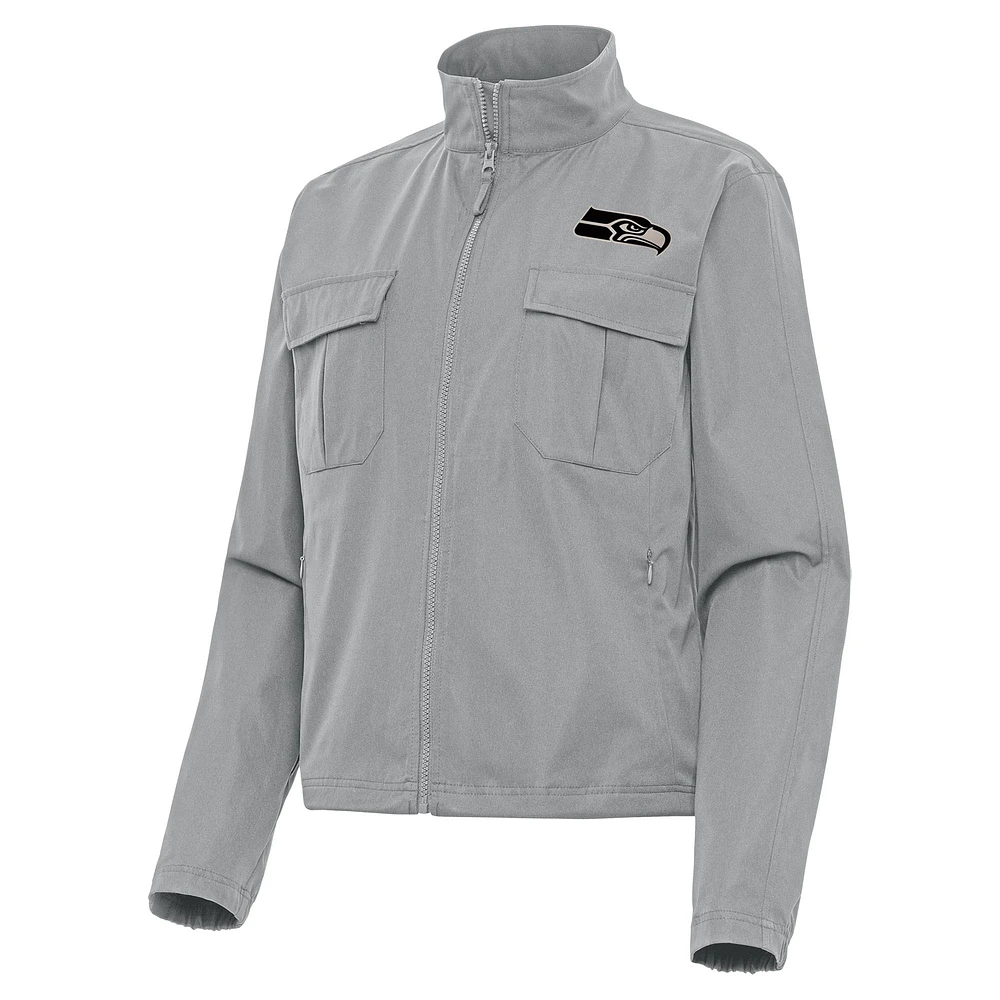 Women's Antigua Gray Seattle Seahawks Brushed Carbon Even Par Full-Zip Jacket
