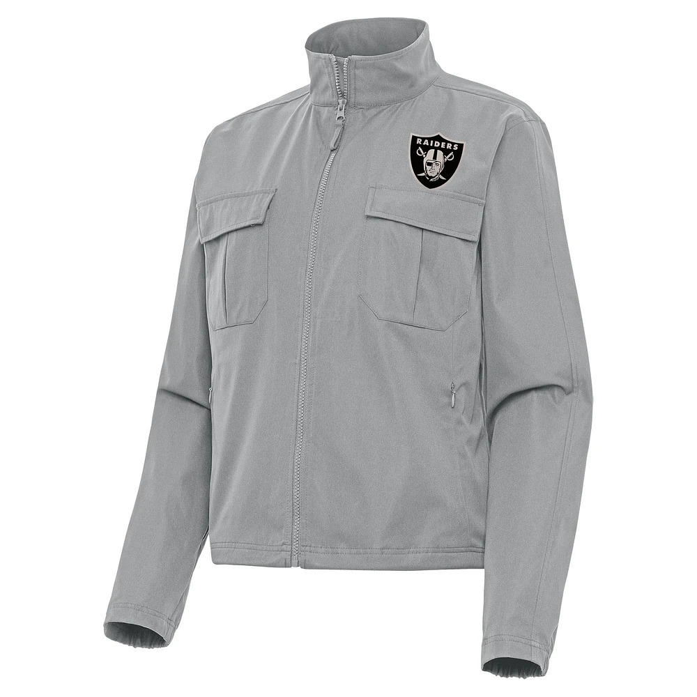 Women's Antigua Gray Las Vegas Raiders Brushed Carbon Even Par Full-Zip Jacket