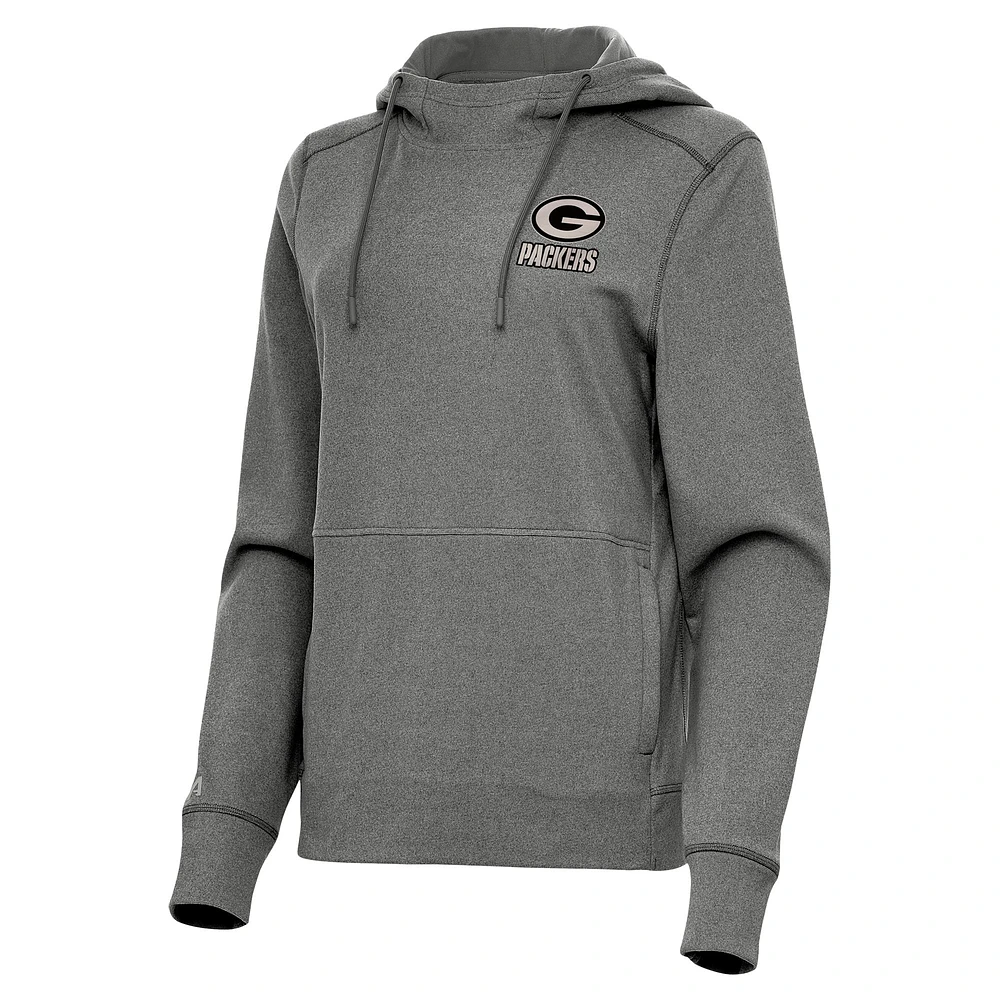 Women's Antigua Heather Black Green Bay Packers Justice Pullover Hoodie