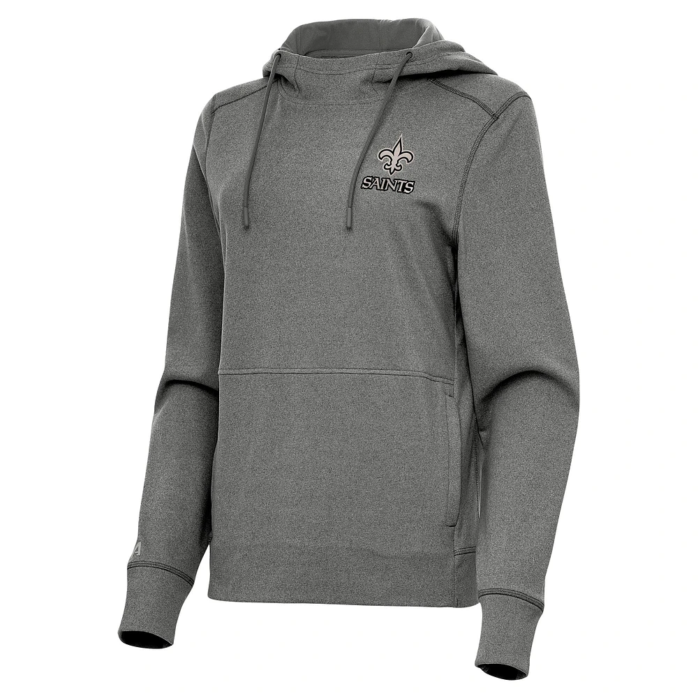 Women's Antigua Heather Black New Orleans Saints Justice Pullover Hoodie