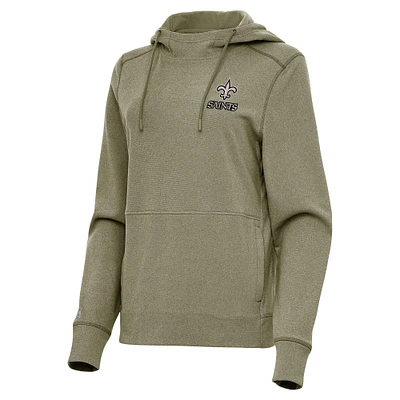 Women's Antigua Olive New Orleans Saints Justice Pullover Hoodie