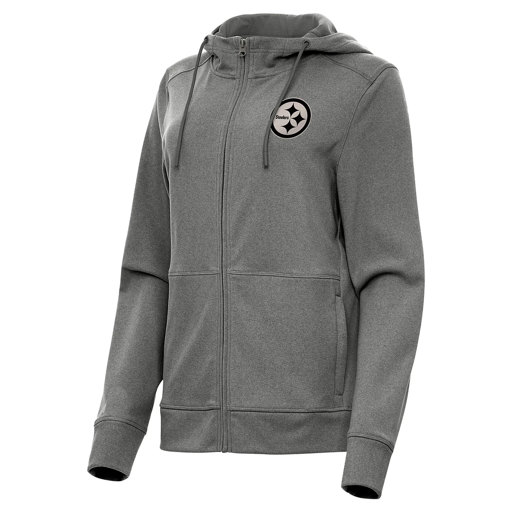 Women's Antigua Heather Black Pittsburgh Steelers Seeker Full-Zip Hoodie Jacket