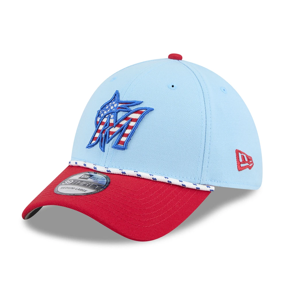 Men's New Era Light Blue/Red Miami Marlins 2025 Fourth of July 39THIRTY Flex Hat